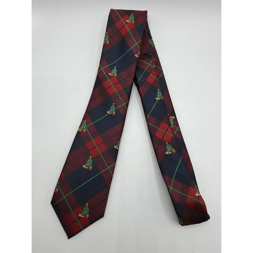 Chaps Mens Christmas Tree Plaid Necktie Navy Red Green Holiday Tie NEW
